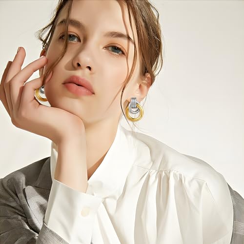 Gold Chunky Earrings for Women Geometric Knot Link Drop Dangle Earrings 14K Gold Plated Statement Earrings Trendy Gold Jewelry - color: Style 5-Two Tone