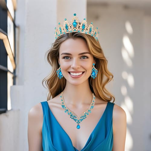 Crowns and Tiaras jewelry sets for Wedding princess birthday party Halloween Prom Pageant Jewelry for Women Crystal Bridal Jewelry Set for women - color: Golden lake blue