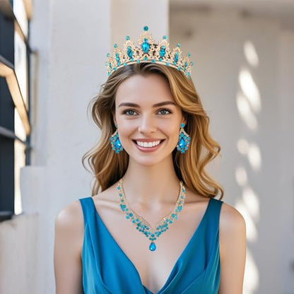 Crowns and Tiaras jewelry sets for Wedding princess birthday party Halloween Prom Pageant Jewelry for Women Crystal Bridal Jewelry Set for women - color: Golden lake blue
