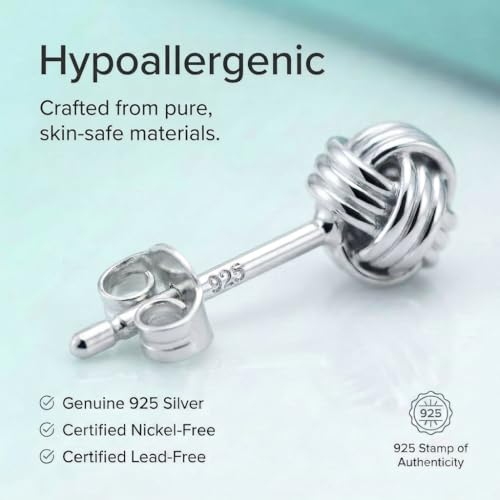 Solid 925 Sterling Silver 5mm Love Knot Stud Earrings | Gold Plated Classic Love Knot Twist | Hypoallergenic | Secure Friction Back Closure | High Polished Stud Earrings - color: Sterling Silver