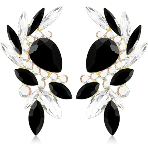 Bohemian Dainty Sparkly Crystal Teardrop Flower Dangle Drop Earrings Unique Lightweight Glitter Rhinestone Geometry Floral Stud Earrings For Women - style: Black
