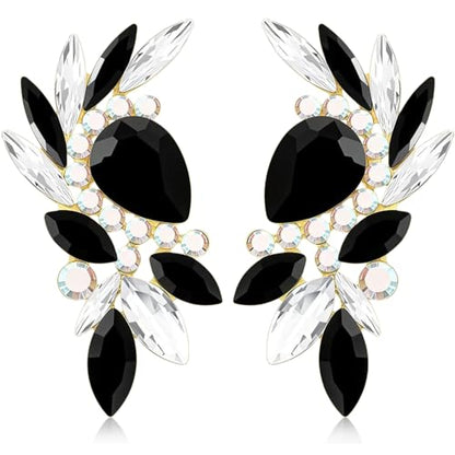 Bohemian Dainty Sparkly Crystal Teardrop Flower Dangle Drop Earrings Unique Lightweight Glitter Rhinestone Geometry Floral Stud Earrings For Women - style: Black
