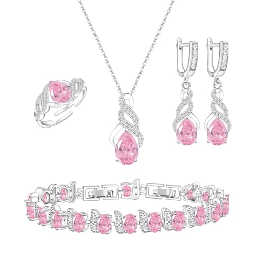 LMXXVJ Jewelry Set for Women,Teardrop Cubic Zirconia Necklace Earrings Adjustable Ring Bracelet Jewelry Set Formal Jewelry Gift - color: MHSD-White Gold-Pink