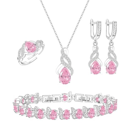 LMXXVJ Jewelry Set for Women,Teardrop Cubic Zirconia Necklace Earrings Adjustable Ring Bracelet Jewelry Set Formal Jewelry Gift - color: MHSD-White Gold-Pink