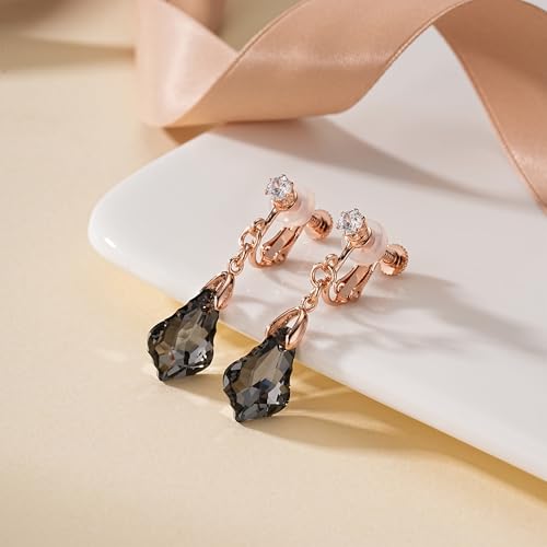 Austrian Crystal Baroque Drop Clip On Dangle Earrings for Women Non Pierced 14K Rose Gold Plated Hypoallergenic Jewelry - color: Black