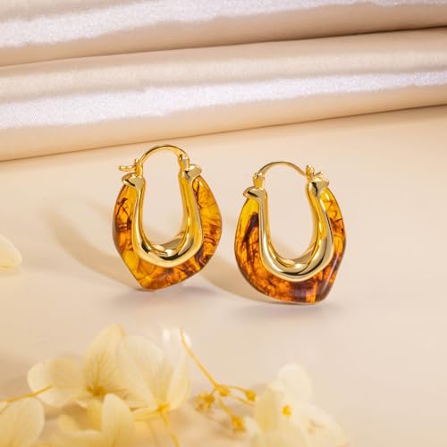 LAXPICOL Gold Chunky Dangle Earrings For Women Resin Stone Earrings Hoop Earrings, 18k Plated Oval Resin Stone Statement Earrings for Women Unique Dangling Teardrop Baroque Huggies Hoop Earrings - color: Yellow