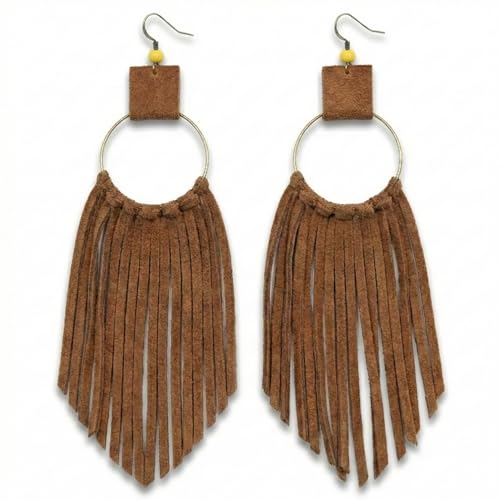 Handmade Genuine Leather Earrings for Women – Long Teardrop Boho Dangles, Lightweight Statement Fashion Jewelry - style: Waterfall - Tan