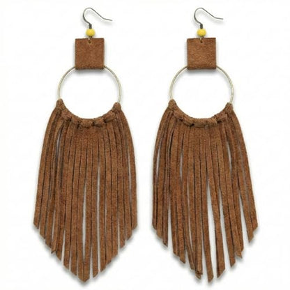 Handmade Genuine Leather Earrings for Women – Long Teardrop Boho Dangles, Lightweight Statement Fashion Jewelry - style: Waterfall - Tan