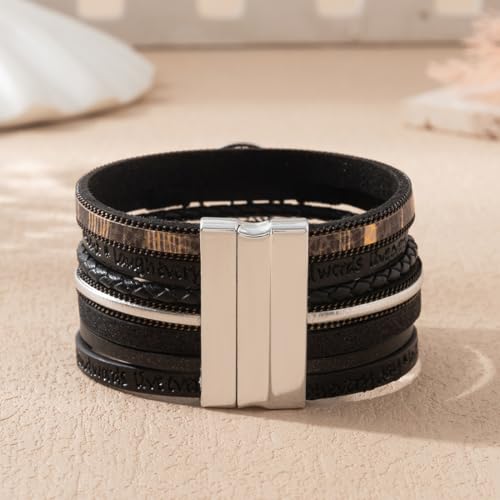 Rantanto Leather Wrap Bracelets For Women Gold Twist Lock Buckle Wrist Cuff | PU leather,Skin-friendly,Boho Stackable Wristband,Fashion Daily Jewelry,Trend Casual Party Bangle,Fit For Birthday, Holiday - color: Tree Life Black