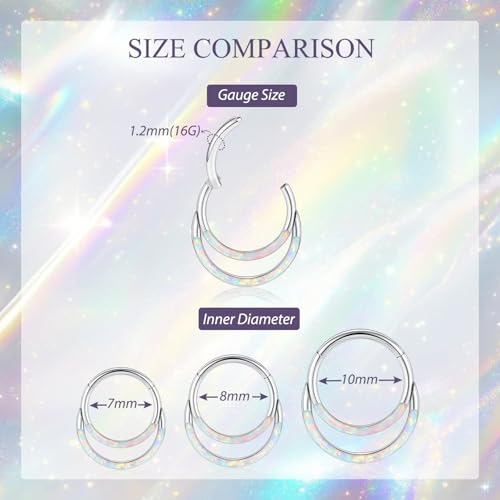 GAGABODY Septum Jewelry 16 Gauge Earrings Double Hoop Daith Earring Surgical Steel Hinged Nose Rings Nose Hoop Helix Tragus Rook Piercing - color: Style6:1pc-Silver+White Opal Double Hoop