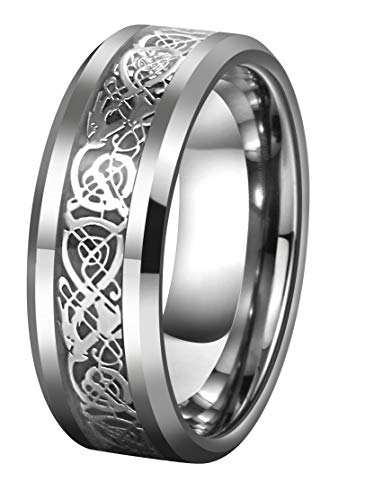 CROWNAL Black Dragon Men Black Tungsten Carbide Ring Wedding Band 6mm 8mm 10mm Red Carbon Fiber Black Celtic Dragon Inlay Engraved I Love You Size 7 to 17 - color: Silver Dragon Black Carbon Fiber