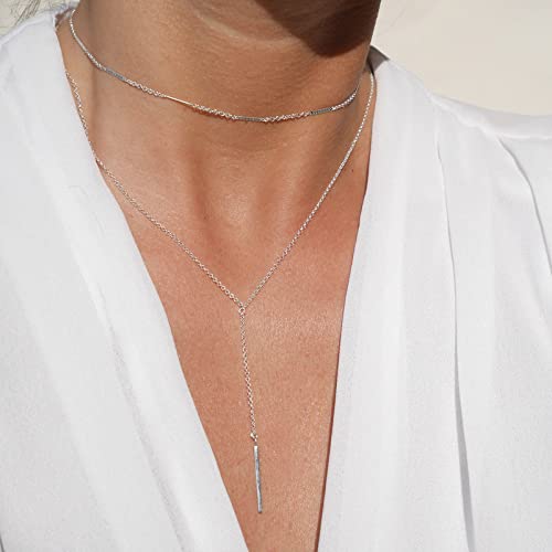 itianxi Gold Tiny Y Shaped Dainty Necklace 18K Gold Plated Cute Bar Vertical Lariat Necklace for Women - color: bar silver