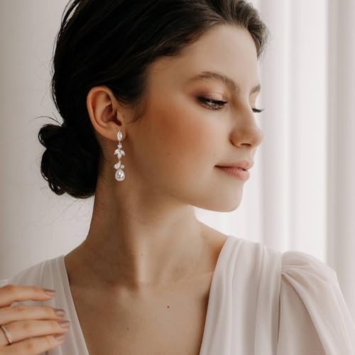 Crysdue Simulated Pearl Earrings for Women, Dainty Silver/Gold/Rose Gold Plated Cubic Zirconia Drop Dangle Earrings Wedding Jewelry for Bride Bridesmaid - style: K_CZ+ pearl, Silver