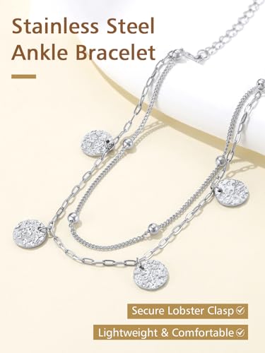 FindChic Ankle Bracelets for Women, Silver/Black/Gold Plated Layered Stainless Steel Anklets, Non-Tarnish Adjustable Waterproof Trendy Foot Jewelry for Beach Summer - style: Layered Coin Charm-Silver