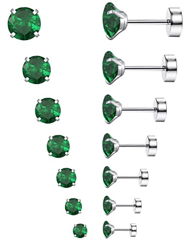 MJust Flat Back Stud Earrings Hypoallergenic Screw Back 7 Pairs CZ Steel | 20G 0.8mm Cartilage Stud Earrings for Sensitive Ears, Nickel Free Screw Back Piercing Jewelry for Women Men, 2-8mm Sizes - color: Green
