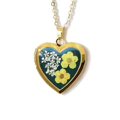 Handmade Heart Shaped Dried Pressed Forget Me Not Flower Photo Locket Pendant Necklace - color: Gold, style: YELLOW+DG
