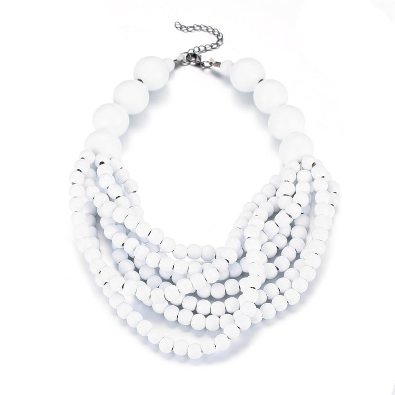 COLORFUL BLING Boho African Wooden Beaded Strands Necklace Ethnic Layered Chunky Collar Choker Wood Necklace for Women Hip Hop Statement Jewelry - color: white