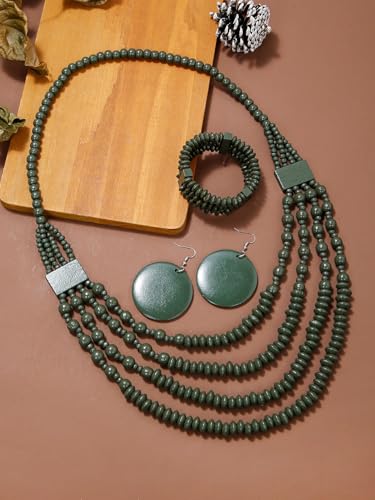 Colorful Ethnic Wooden Earrings Round Statement Dangle Earrings Multilayered Geometric Beaded Bracelet Necklace Set for Women Exaggerated Tribal Jewelry - color: Dark Green