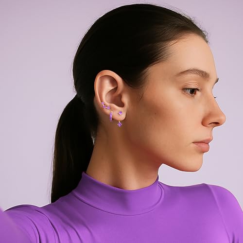 3 Pairs Dainty Small Earrings Set for Women Trendy, Birthstone Stud Huggie Hoop Jacket Stack for Cartilage Helix, Gold Plated Hypoallergenic Cute Women Fashion Accessories Western Jewelry Gifts - color: 06Purple Created Alexandrite-June (Gold)
