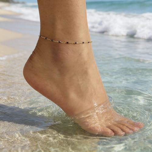 Dainty Ankle Bracelets for Women 18K Gold Plated Beaded Anklet Chain Simple Tiny Beads Anklet Waterproof Minimalist Summer Beach Foot Jewelry Gifts - color: Black Beads-Gold