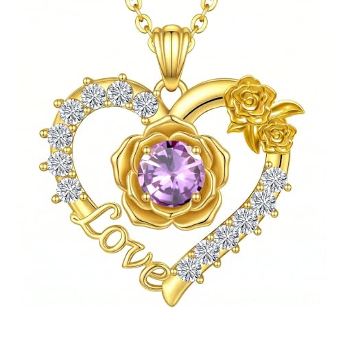 Birthstones Necklace Gifts for Women Love Heart Necklaces for Womenwith Rose Flower Jewelry Gifts for Mother's Day Valentine's Day Engagement Birthday Thanksgiving Christmas - color: June