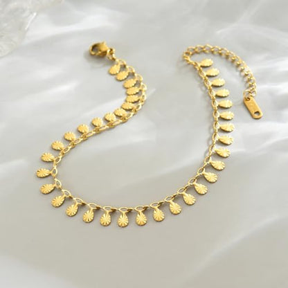 18K Gold Plated Ankle Bracelets for Women Dainty Star Coin Teardrop Square Tassel Anklets Cute Dangle Foot Chain Stainless Steel Beach Foot Jewelry - style: Textured Drop Tassel-Gold