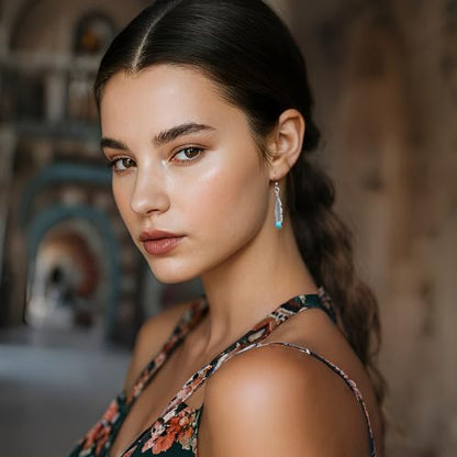 Bohemian Silver Feather Dangle Earrings for Women | Hypoallergenic Silver Turquoise Drop Dangle Earrings with Western Boho Jewelry