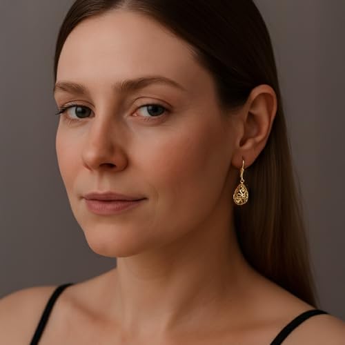 LeCalla 925 Sterling Silver Leverback Drop Earrings | Lightweight Italian Teardrop Dangle Earring for Women - color: 14K Celtic Filigree