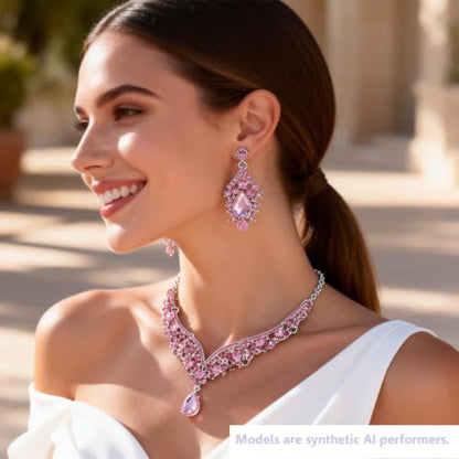 Kamirola Bridal Wedding Tiara Crown Jewelry Set for Women/Brides/Bridesmaids Crystal Jewelry Set for Wedding Prom Party Bridal Crystal Necklace Earrings Bracelet Set(TR60) - color: Silver Pink