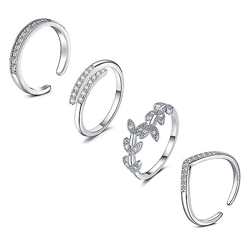 JFORYOU Toe Rings for Women Adjustable Open Toe Rings with Anklet Set CZ Flower Toes Ring for Summer Beach Foot Jewelry - color: 4pcs-silver toe rings Style A