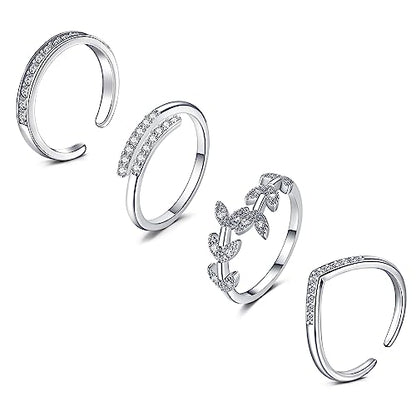 JFORYOU Toe Rings for Women Adjustable Open Toe Rings with Anklet Set CZ Flower Toes Ring for Summer Beach Foot Jewelry - color: 4pcs-silver toe rings Style A