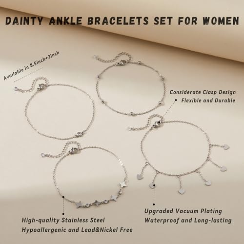 LOFITOR Anklets for Women Ankle Bracelet Charm Link Chain Set Foot | Waterproof Dainty Cz Evil Eye Beaded Anklets Adjustable Beach Foot Jewelry Feet Chains, Summer Beach Foot Jewelry Gifts - style: Heart Silver
