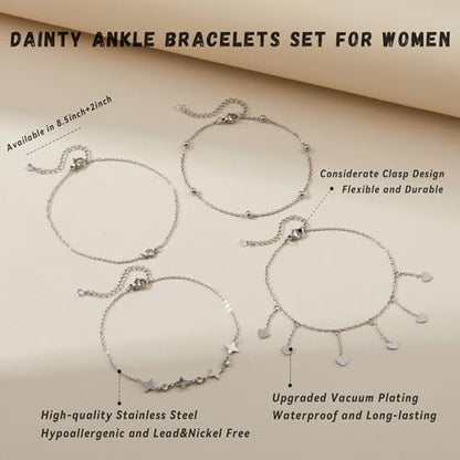 LOFITOR Anklets for Women Ankle Bracelet Charm Link Chain Set Foot | Waterproof Dainty Cz Evil Eye Beaded Anklets Adjustable Beach Foot Jewelry Feet Chains, Summer Beach Foot Jewelry Gifts - style: Heart Silver
