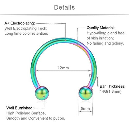SCERRING 8PCS 16G Stainless Steel Nose Septum Horseshoe Earring Eyebrow Septum Lip Helix Tragus Piercing Ring 6-12mm - color: 8PCS - 14G Rainbow