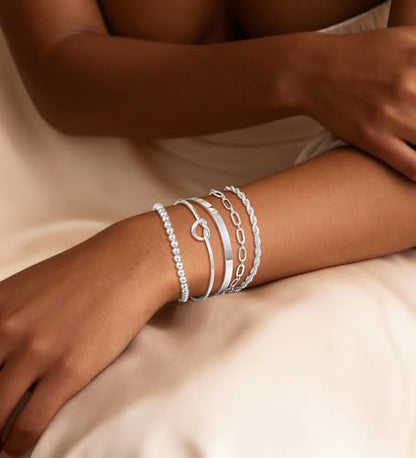 14K Gold Plated Stackable Bangle Bracelets Set for Women | Cuff Bracelet Stackable Bangles Bracelet for Women Trendy Fashion Accessories Tie Knot Cuban Rope Paperclip Beaded Bracelets - color: 5-layer G SL