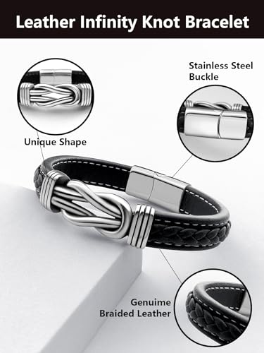 Mens Black Braided Leather Bracelet, Green/Red/Brown/Black Braided Leather Infinity Knot Bracelets for Men with Stainless Steel Clasp, 7.5/8.5/9in Length - color: 01-Black