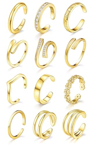 12Pcs Toe Rings for Women - 14K Gold Filled Toe Ring Non Tarnish Adjustable Simple Hug CZ Thin Band Toe Rings Summer Beach Foot Jewelry for Women - style: A-Gold