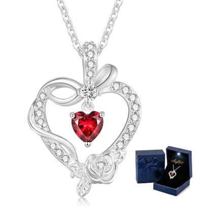 Heart Birthstone Necklace, LED Gift Box | Heart birthstone necklace with rose CZ pendant and LED gift box, ready-to-gift birthday gift for mom, wife, grandma, sister - color: White Gold 01-Jan Red