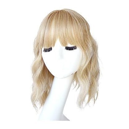 Synthetic Loose Water Wave Hair Topper With Bangs, Mixed Blonde | Clip in Hair Topper Synthetic Hair Toupee for Women Girls (13inch) - size: 13 Inch
