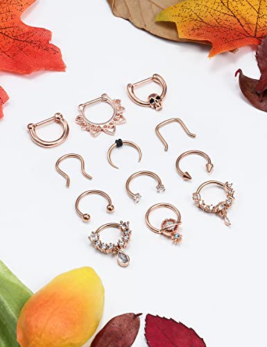 Vsnnsns 16G Septum Rings Piercing Jewelry 316L Stainless Surgical Steel Skull Flower Dangle Clicker Horseshoe Septum Nose Rings Hoop Piercing Jewelry for Women Men Silver Black Rose Gold 10mm - color: Rose Gold Tone