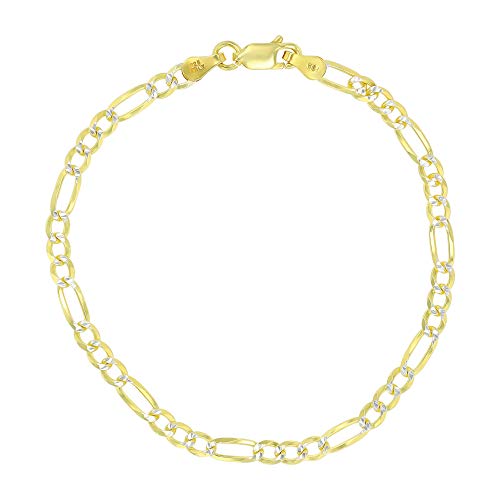 14K Gold or Rhodium Plated Silver Figaro Diamond Cut Pave Chain For Men | 1mm-13mm Thick | Solid 925 Figaro Italian Necklaces For Men - style: 4.00MM- Yellow & White