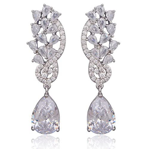 CZ Bridal Earrings for Wedding - 14k Plated Sterling Silver Elegant Teardrop Cubic Zirconia Crystal Rhinestone Floarl Leaf Cluster Chandelier Statement Dangle Drop Earrings for Bride Bridesmaids Party - color: 14K White Gold Plated