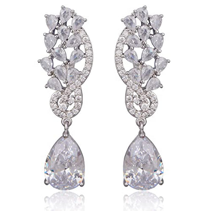 CZ Bridal Earrings for Wedding - 14k Plated Sterling Silver Elegant Teardrop Cubic Zirconia Crystal Rhinestone Floarl Leaf Cluster Chandelier Statement Dangle Drop Earrings for Bride Bridesmaids Party - color: 14K White Gold Plated