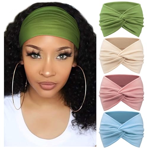 DRESHOW 4 Pack Turban Headbands for Women Wide Vintage Head Wraps Knotted Cute Hair Band Accessories - color: 4 Pcs: Grass Green, Lotus Root Pink, Sky Blue, Khaki