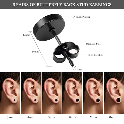 Hypoallergenic Black Stud Earrings for Men Women: 6 Pairs Flat Back Stainless Steel Cartilage Piercing Ear Tunnel 5mm-10mm - style: 6 Pairs-Black-(3-8mm)