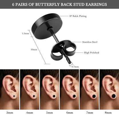 Hypoallergenic Black Stud Earrings for Men Women: 6 Pairs Flat Back Stainless Steel Cartilage Piercing Ear Tunnel 5mm-10mm - style: 6 Pairs-Black-(3-8mm)