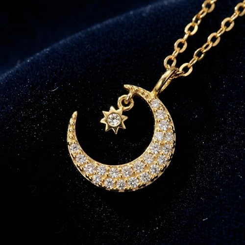 925 Sterling Silver Dainty Crescent Moon Necklace for Women | 14K Gold Plated White Cubic Zirconia Moon and Star Pendant Choker Necklace to Daughter Mother Trendy Wedding Jewelry Gifts - color: Gold