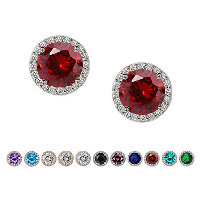 SWEETV Cubic Zirconia Stud Earrings, 8mm Round Cut, Rhinestone Hypoallergenic Earrings for Women & Girls | 9mm Round Cut Hypoallergenic 925 Sterling Silver Stud Earrings for Bridal Bridesmaid Prom Weddings Parties,Silver - color: 05.Ruby
