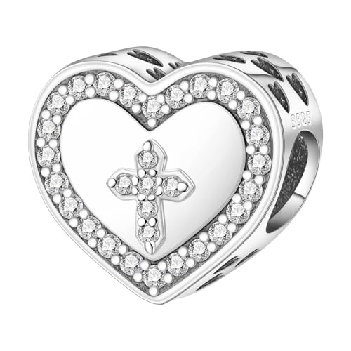 925 Sterling Silver Charms for Bracelets and Necklace Religious Cross Pendants Praying Hands, Bible, Virgin Mary, Jesus, Church Bead Jewelry - color: Heart cross beads