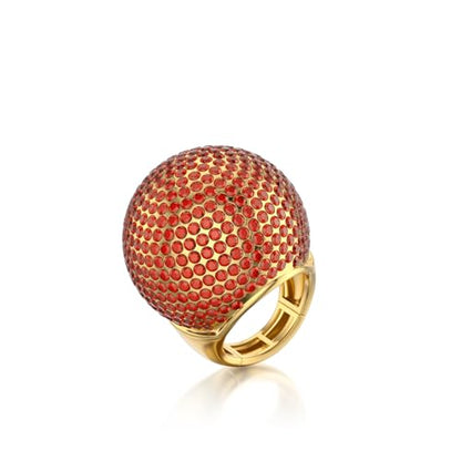 Gold Snowball Rhinestone Cocktail Ring – Adjustable Stretch Sparkling Party Jewelry for Women, Elegant Costume Ring for Evening Wear, Wedding, Prom - color: Red
